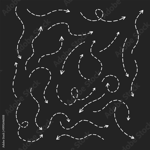 Dashed curved arrows set on dark background showing movement paths