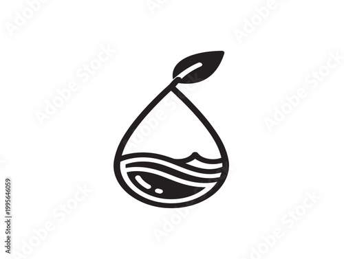 water droplet icon with leaf and waves flat design vector illustration