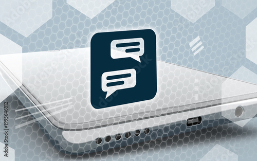 Bilde på lerret Abstract technology concept design featuring a modern smartphone with a floating message icon on a stylized hexagonal geometric background for digital communication