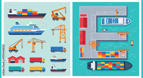 Colorful illustration depicting various cargo ships cranes and transportation vehicles
