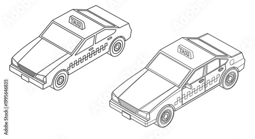 Isometric illustration depicting two black and white taxi vehicles