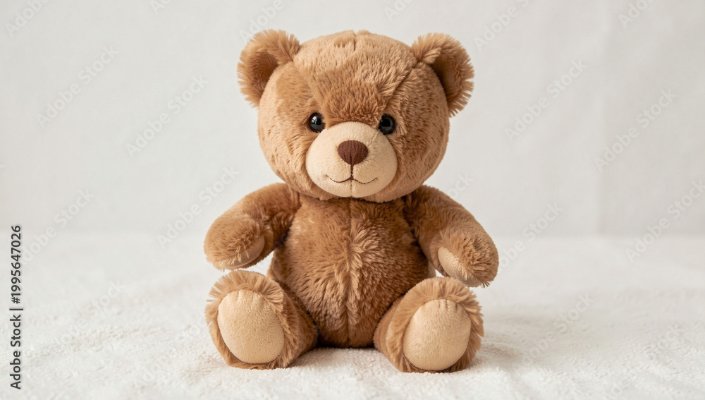 Fototapeta premium A cute brown toy bear sitting upright on a soft surface with white background.