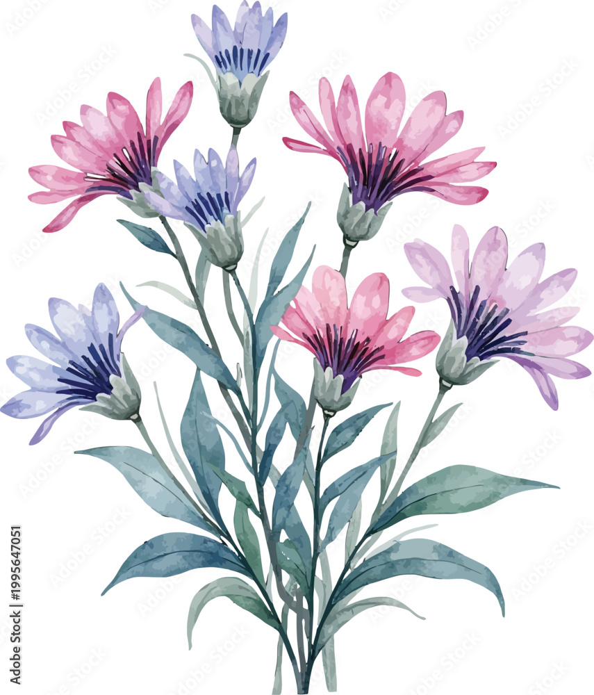 Obraz premium Purple and Blue Eclectic Flowers Bouquet with Green Leaves