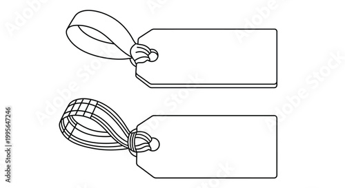 Two blank tags with different string attachments in a line drawing