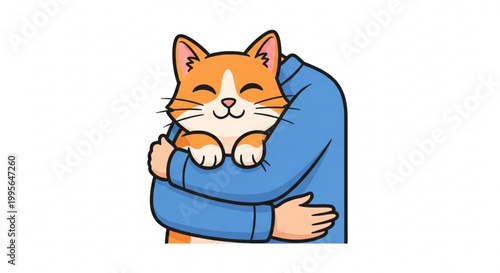 Happy orange tabby cat hugging a person tightly in a playful embrace with closed eyes and a content smile illustrated in a vibrant and cheerful style with bright colors and bold