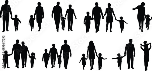 Black silhouette of diverse people in various poses and activities black silhouettes standing