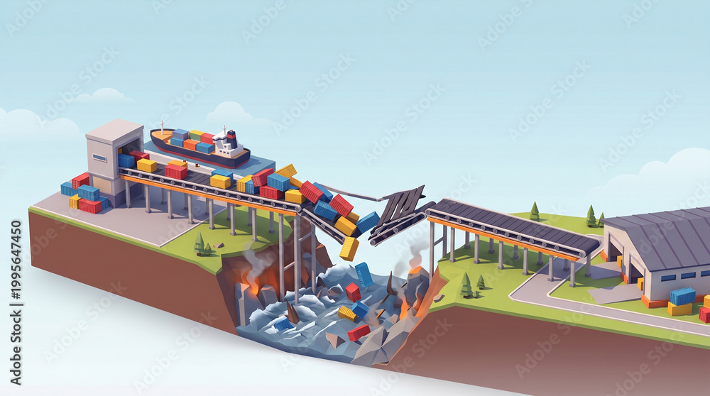 Fototapeta premium Tariff risk analysis, cargo container bridge collapse with industrial transport disruption and shipping crisis
