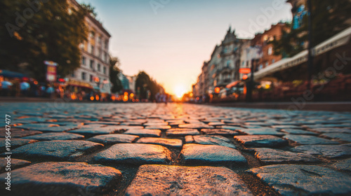 Old cobblestone street at sunset for concept of travel, history, or European city