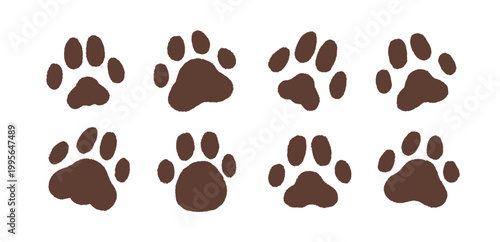 Paw prints set. Canine and feline animals pawprints, pad patterns, marks on ground. Cat and dog footprints. Pets foot step. Footmark imprints. Flat vector illustrations isolated on white background