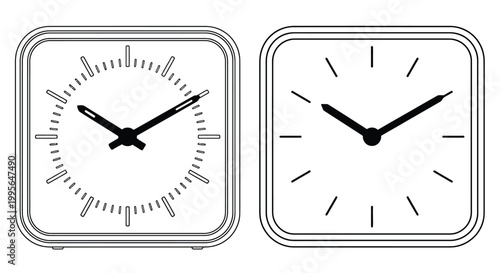 Two minimalist square clocks with different face designs are shown