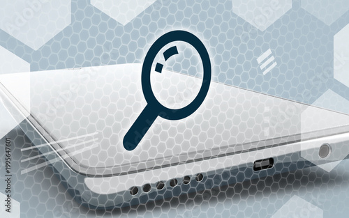 Digital search and analysis concept with smartphone device and magnifying glass icon over futuristic hexagon background illustrating data research and mobile connectivity