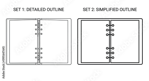 Open ring binder with blank pages shown in detailed and simplified views