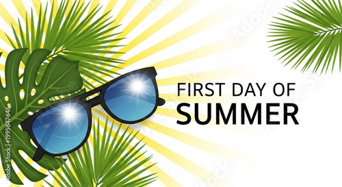 Stylish black sunglasses with blue lenses and tropical palm leaves on a bright summer background with text first day of summer