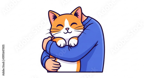 Happy orange and white kitten hugging a person in a cozy blue sweater illustration style affectionate moment