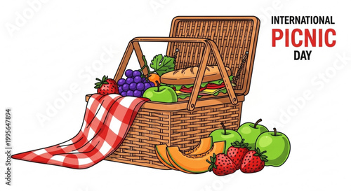 Picnic basket with fresh fruits and checkered cloth spilling out in a vibrant outdoor celebration of international picnic day