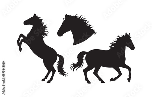 Artistic horse silhouettes featuring a stallion rearing up and galloping for wild animal themes