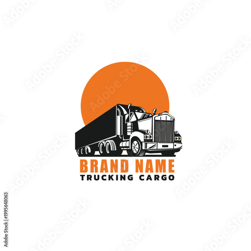 Trucking Cargo Logo with Semi Truck and Sunset Circle Illustration