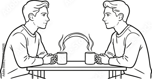 Two Men Having a Conversation with Steam Connecting Mugs, Symbol of Relationship and Communication Line Art Vector
