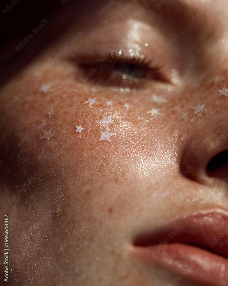 Fototapeta premium Teenager's cheek adorned with sparkling stars in soft afternoon light