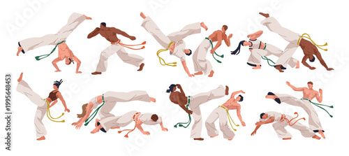 Capoeira dances, people fight set. Brazilian sport, martial art, fighting dancers dancing. Brazil battle, capoeria fighters, acrobatics exercises. Flat vector illustration isolated on white background