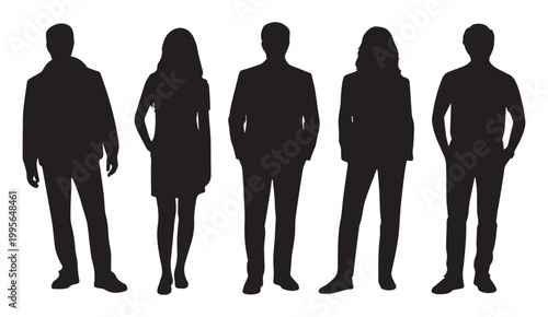 A diverse group of men and women standing in a row representing community, teamwork, and social diversity silhouettes