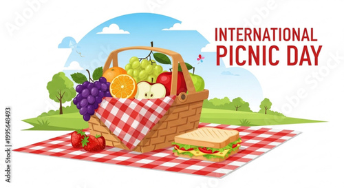 Picnic basket overflowing with fresh fruits and sandwich on checkered blanket in sunny outdoor park setting celebrating international picnic day