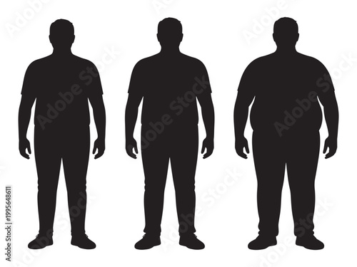 Human body silhouettes showing various weight profiles from fit to overweight for health, fitness, and medical studies