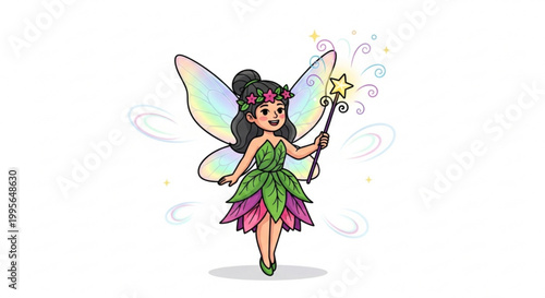 Playful fairy with a glowing wand and vibrant wings spreads magic in a whimsical colorful illustration with stars and swirls