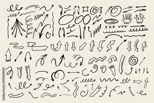 Hand drawn arrows and scribbles set with various sketch lines directions and abstract shapes