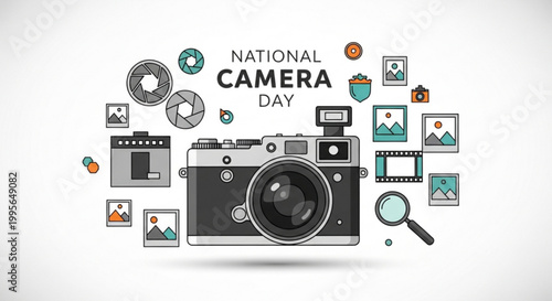 Celebrating national camera day with vintage camera illustration surrounded by photography icons on a light background