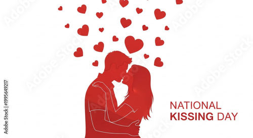 Romantic couple passionately kissing under a shower of floating red hearts celebrating national kissing day with love and affection