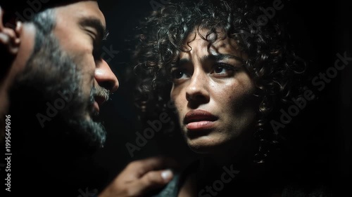 Strong moment after a heated discussion between two people in a dimly lit space late at night