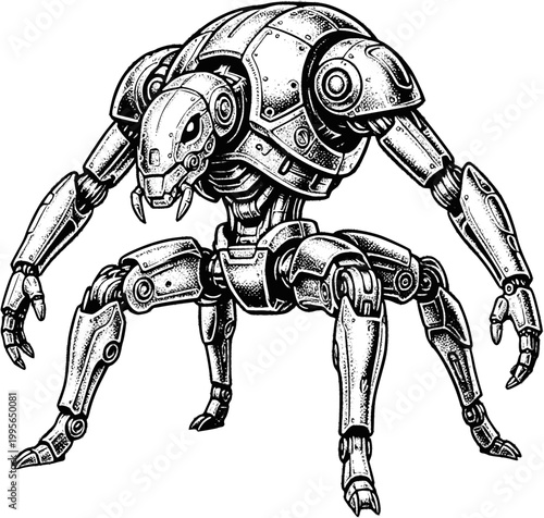 Giant ant robot tattoo art, isolated on white, design for sticker, t shirt, print and apparel