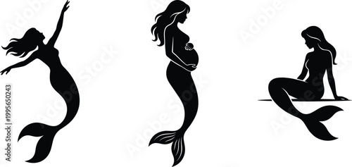 Mermaid silhouettes swimming pregnant sitting icon illustration, mythical sea creature artwork design, fantasy motif concept symbol graphic, black white professional representation