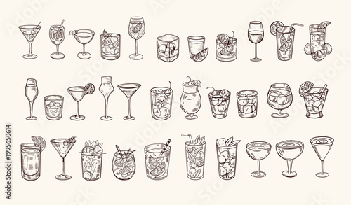 Cocktail glasses collection in outline style with various drink shapes and ice cubes