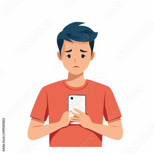 Sad young man looking at his smartphone