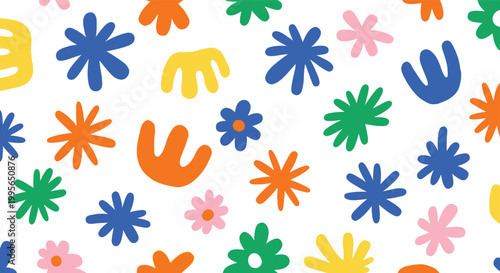 Colorful handprints and floral shapes on a white background