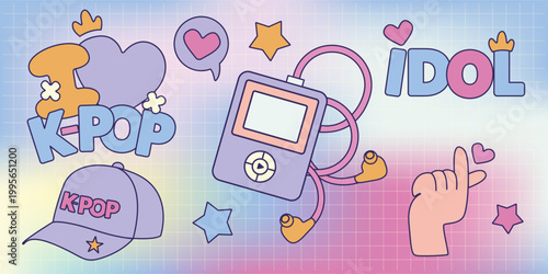 Colorful pastel K-pop sticker set with cute Korean pop culture symbols. Hand-drawn vector elements for planners, digital scrapbooking, social media and merch design