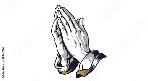 Hands in prayer gold illustration against dark background for reflection