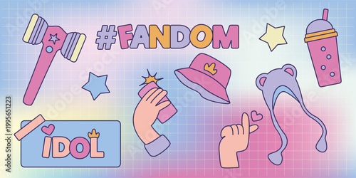 Bright pastel K-pop sticker collection featuring cute Korean pop culture symbols. Hand-drawn vector icons perfect for planners, digital scrapbooking, merchandise and social media design