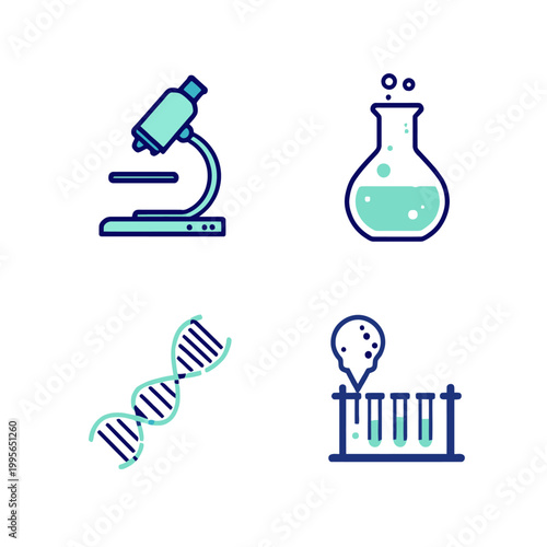 Science Icons Set with Microscope, DNA, Flask, and Test Tubes