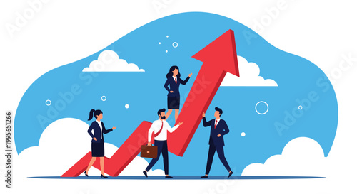 Group of professional business colleagues walking together along a large jagged red upward arrow illustrates collective growth and teamwork.