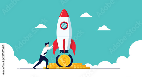 Ambitious entrepreneur pushing a rocket off a stack of gold coins to symbolize a startup launch and financial investment.