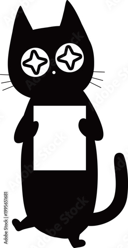 Excited black cat with sparkling eyes holding a blank card, simple doodle style