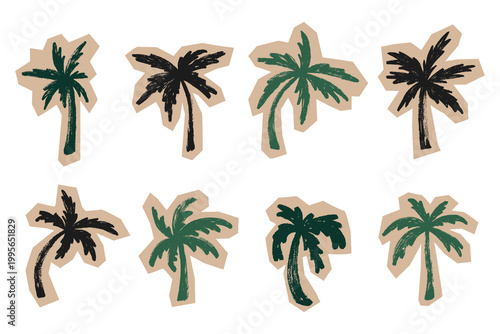 Grunge Scrapbook Palm Trees Set. Doodle collage brush stroke tropical palm set. Vector chalk textured palm trees stickers set. 