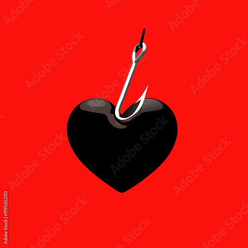 Heartbreak Concept: Black Heart Trapped on Fishing Hook