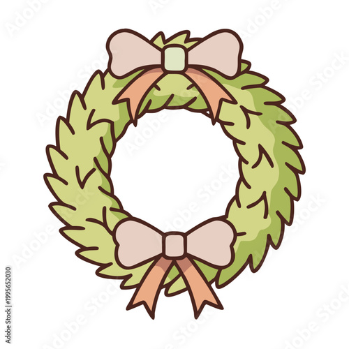 Green Christmas Wreath with Pink Bow Holiday Door Decoration Festive Vector Illustration