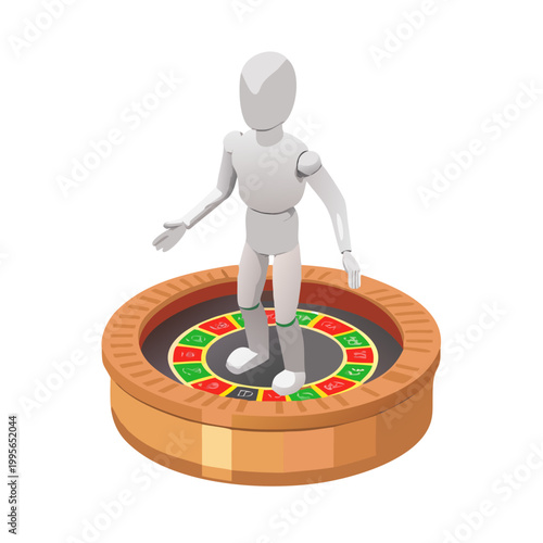 3D White Mannequin Figure Standing on Casino Roulette Wheel Game of Chance Concept