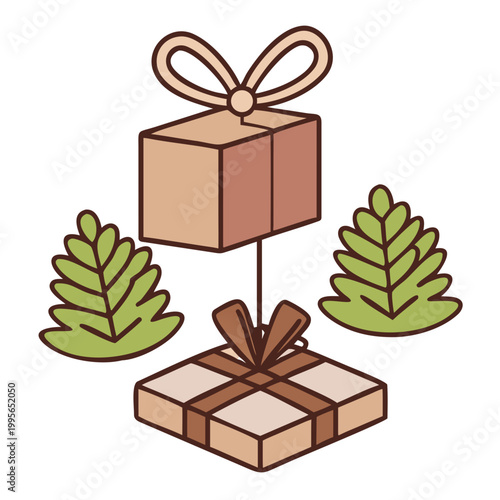 Gift Boxes with Ribbon Bow and Green Leaves Holiday Celebration Present Illustration