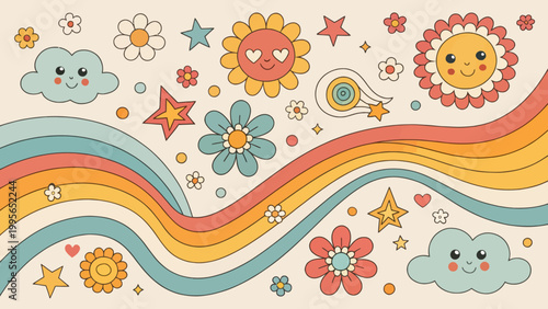 A colorful and whimsical illustration of smiling suns, clouds, and flowers with rainbow waves